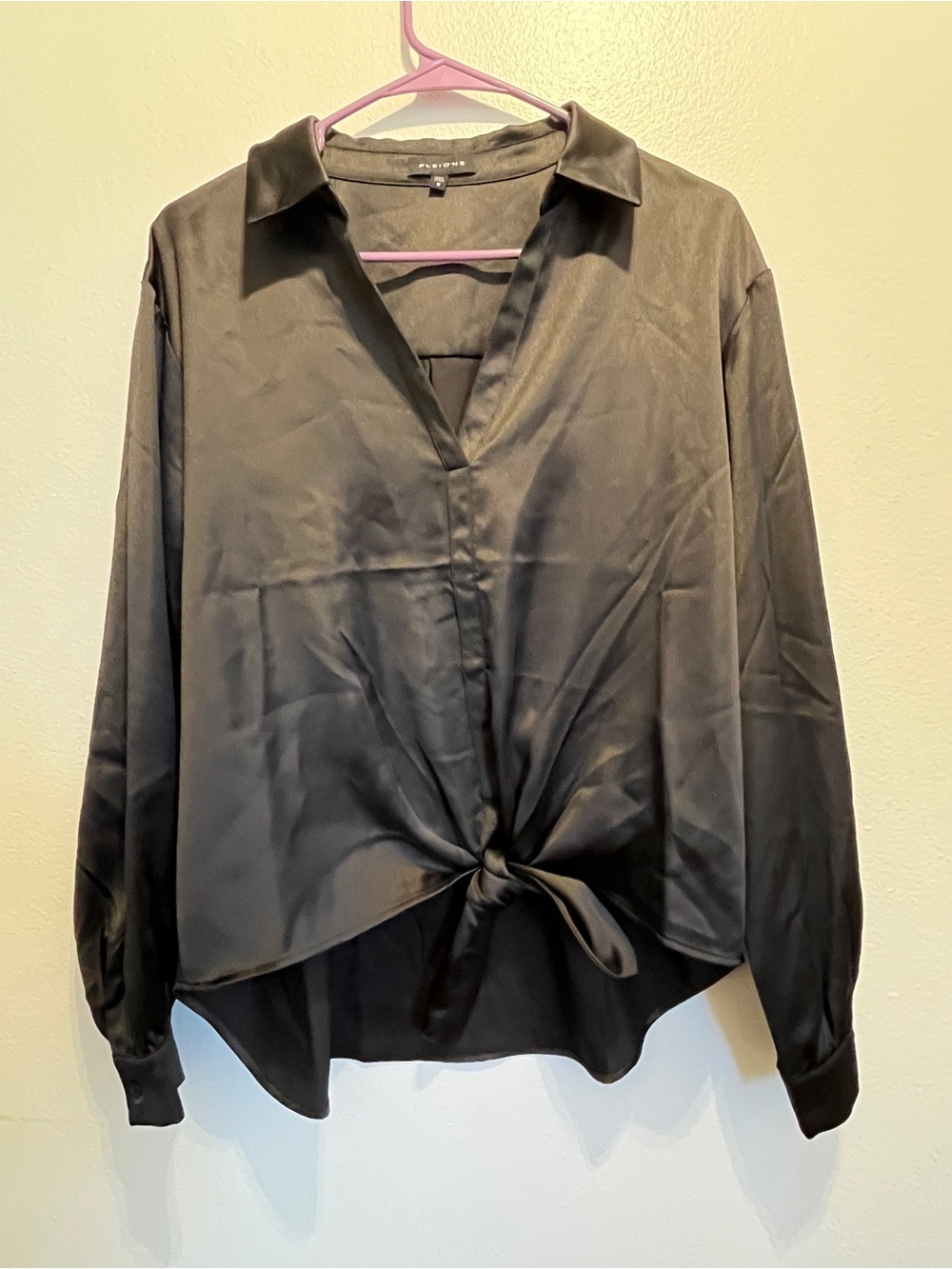 Black Satin Tie-Front Blouse Medium